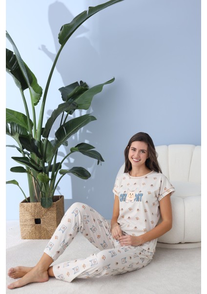 Kadın 40045 Kısa Kol Pijama Takımı Krem fırsatları