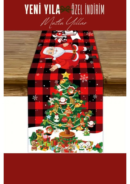 Yılbaşı Masa Örtüsü Süsleme 180 x 35 cm Noel Baba ve Yılbaşı Ağacı Desenli Polyester Masa Runner