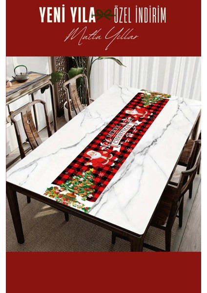 Yılbaşı Masa Örtüsü Süsleme 180 x 35 cm Noel Baba ve Yılbaşı Ağacı Desenli Polyester Masa Runner