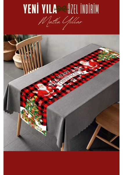 Yılbaşı Masa Örtüsü Süsleme 180 x 35 cm Noel Baba ve Yılbaşı Ağacı Desenli Polyester Masa Runner