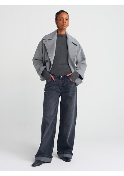71743 Paçası Kıvrık Geniş Kesim Denim Pantolon-Mavi