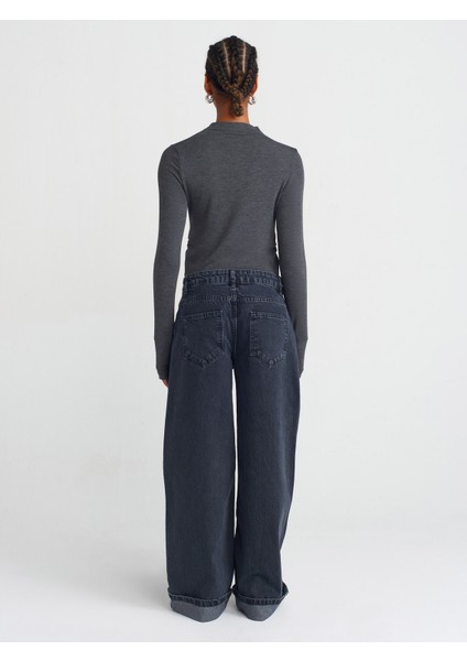 71743 Paçası Kıvrık Geniş Kesim Denim Pantolon-Mavi fiyatları