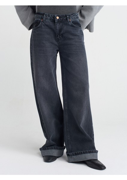 71743 Paçası Kıvrık Geniş Kesim Denim Pantolon-Mavi modelleri