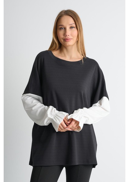 Alexandergardı Fırfırlı Kol Detaylı Garnili Renk Bloklu Kadın Sweatshirt