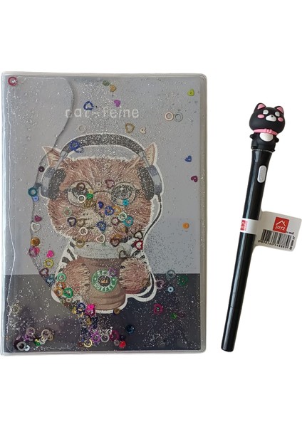 Kedi Desenli Simli ve Sulu Kapaklı Defter & Kalem Set