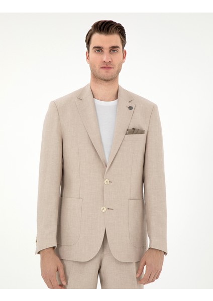 Erkek Açık Kahverengi Slim Fit Keten Karışımlı Ceket 50306748-VR002