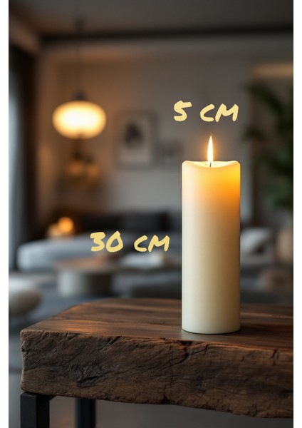 El Işçiliği Hand Made Kütük Silindir Mum Krem Renk 5 cm Genişlik 30 cm Uzunluk Gül Kokulu