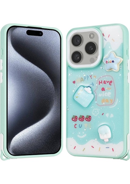 Apple iPhone 15 Pro Kılıf Parlayan Sıvılı Simli Kabartma Figürlü Cevze KAPAK-YEŞIL-868043675640