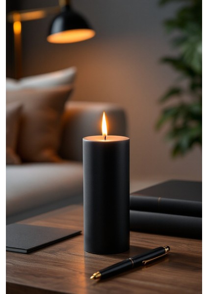 El Işçiliği Hand Made Kütük Silindir Mum Siyah Renk 5 cm Genişlik 25 cm Uzunluk Gül Kokulu fiyatları