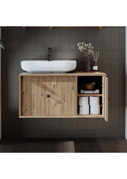 Gusto Ayaksız Oval Lavabolu Mdf 90 cm Çekmeceli Banyo Dolabı modelleri