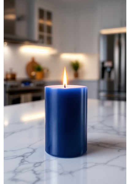 El Işçiliği Hand Made Kütük Silindir Mum Lacivert Renk 5 cm Genişlik 15 cm Uzunluk Vanilya Kokulu