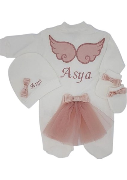 Melek Kanatlı Kız Bebek Hastane Çıkışı 3 Lü Set Koyu Pudra