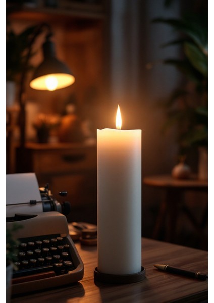 El Işçiliği Hand Made Kütük Silindir Mum Beyaz Renk 5 cm Genişlik 20 cm Uzunluk Vanilya Kokulu