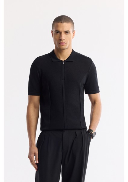 Erkek Siyah Fermuarlı Polo Yaka Dokulu Rayon Triko T-shirt A51Y5106