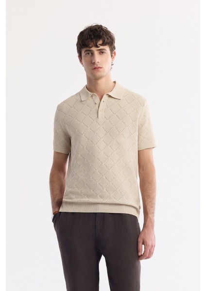 Erkek Bej Polo Yaka Jakarlı Buklet İplik Triko T-shirt A51Y5040