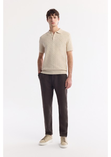 Erkek Bej Polo Yaka Jakarlı Buklet İplik Triko T-shirt A51Y5040