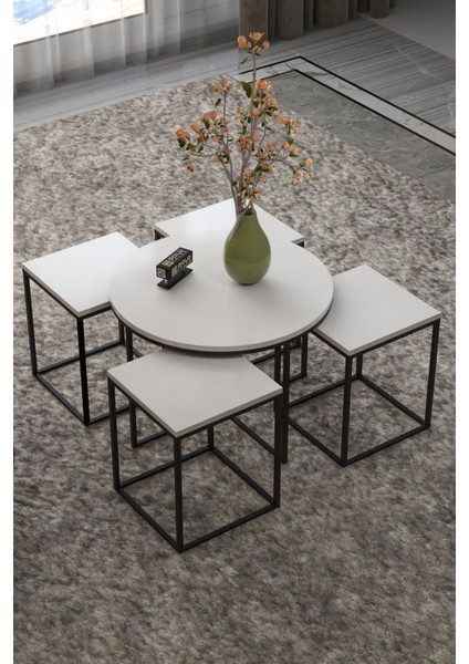 Orta Sehpa ve Zigon Sehpa Oval Lüx 5'li Set Beyaz