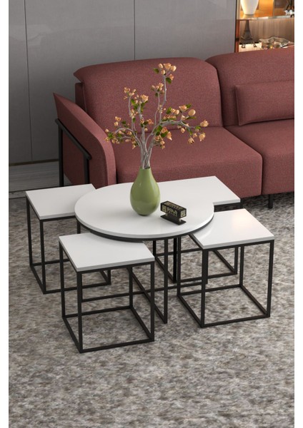 Orta Sehpa ve Zigon Sehpa Oval Lüx 5'li Set Beyaz