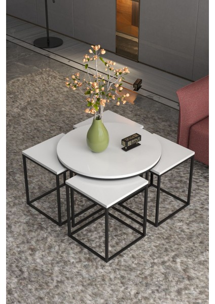 Orta Sehpa ve Zigon Sehpa Oval Lüx 5'li Set Beyaz
