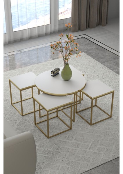 Orta Sehpa ve Zigon Sehpa Oval Lüx 5'li Set Gold Beyaz