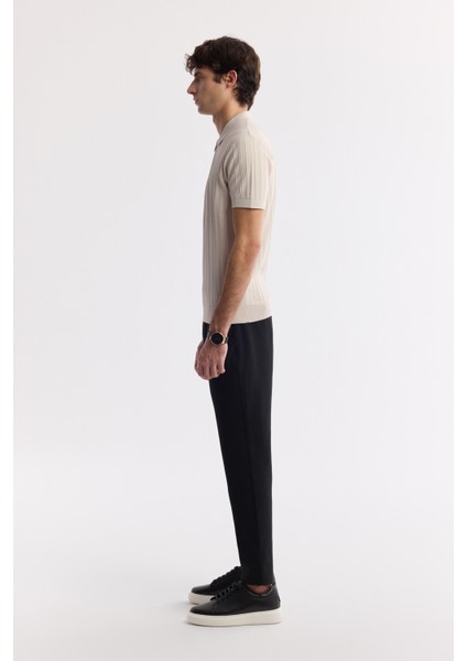 Erkek Bej Polo Yaka Fermuarlı Fitil Örgü Detaylı Rayon Triko T-shirt A51Y5046