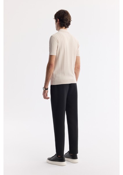 Erkek Bej Polo Yaka Fermuarlı Fitil Örgü Detaylı Rayon Triko T-shirt A51Y5046