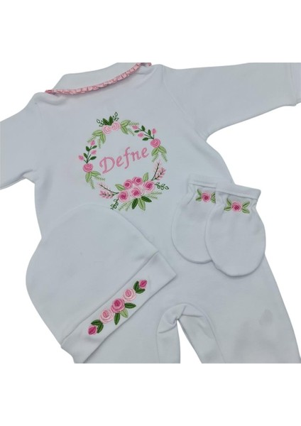Isimli Hastane Çıkışı 3 Lü Set Rococo Laruel Desenli Pembe