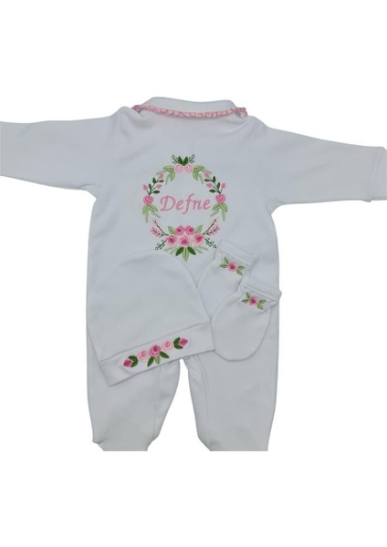 Isimli Hastane Çıkışı 3 Lü Set Rococo Laruel Desenli Pembe