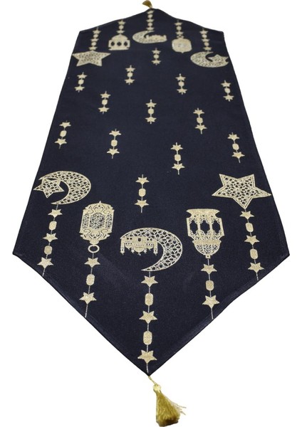 Belıeve Ramazan Fener Jakarlı Dokuma Goblen Dekoratif Siyah Simli Püsküllü Runner 40 x 140