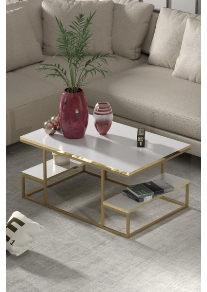 Orta Sehpa Delux Raflı Gold Beyaz