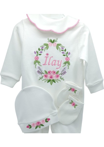 Rococo Desenli Kız Bebek Hastane Çıkışı 3 Lü Set