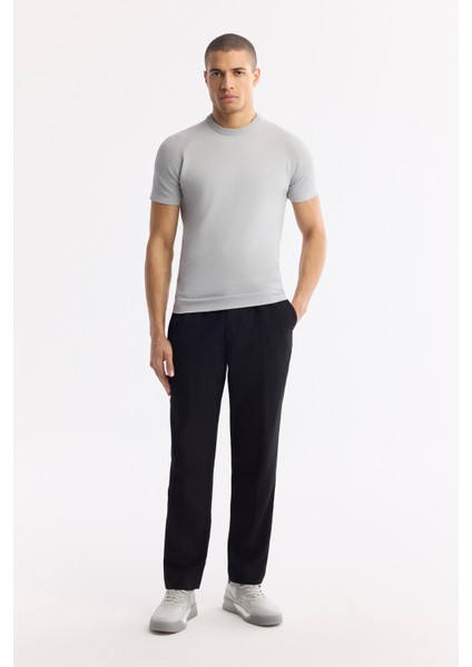 Erkek Gri Bisiklet Yaka Kolları Jakar Detaylı Rayon Triko T-shirt A51Y5005