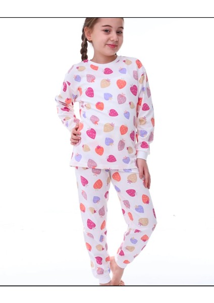 Kız Çocuk Pamuklu Çilek Desenli Pijama Takımı