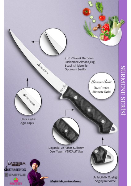 Sürmene Serisi Mutfak Fileto Bıçağı Steak Bıçak Et Balık Tavuk Fileto Bıçağı Siyah ( MFT-008 )