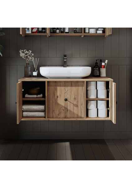 Ayaksız Oval Lavabolu Mdf 105 cm Çekmeceli Banyo Dolabı modelleri
