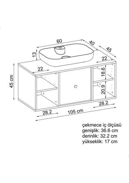Ayaksız Oval Lavabolu Mdf 105 cm Çekmeceli Banyo Dolabı fırsatları