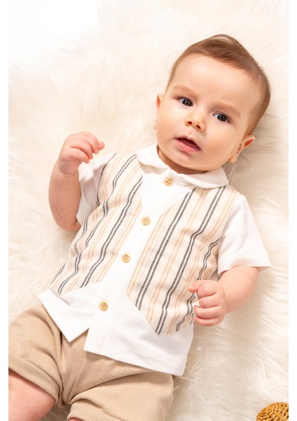 Çizgili Yelek Görünümlü Şort Kombinli Özel Gün ve Bayramlık 2'li Alt-Üst Erkek Bebek Takım