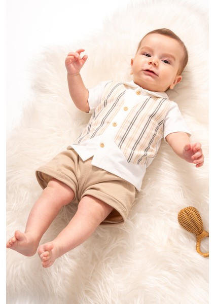 Çizgili Yelek Görünümlü Şort Kombinli Özel Gün ve Bayramlık 2'li Alt-Üst Erkek Bebek Takım fiyatları