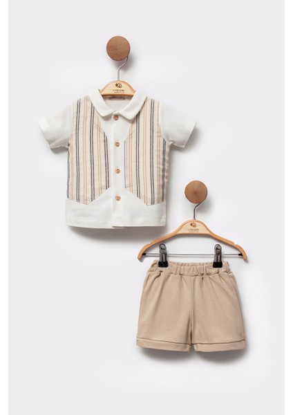 Çizgili Yelek Görünümlü Şort Kombinli Özel Gün ve Bayramlık 2'li Alt-Üst Erkek Bebek Takım modelleri