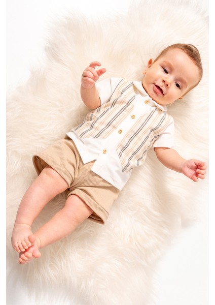 Çizgili Yelek Görünümlü Şort Kombinli Özel Gün ve Bayramlık 2'li Alt-Üst Erkek Bebek Takım indirimleri