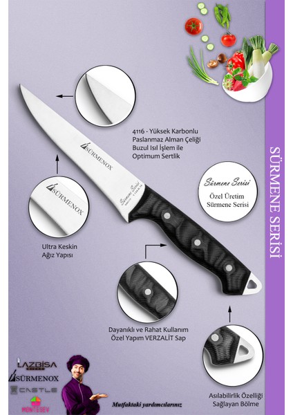 Sürmene Serisi Mutfak Bıçak Seti Et Ekmek Sebze Salata Bıçağı 2'li Set Siyah ( MFT-009 ) modelleri