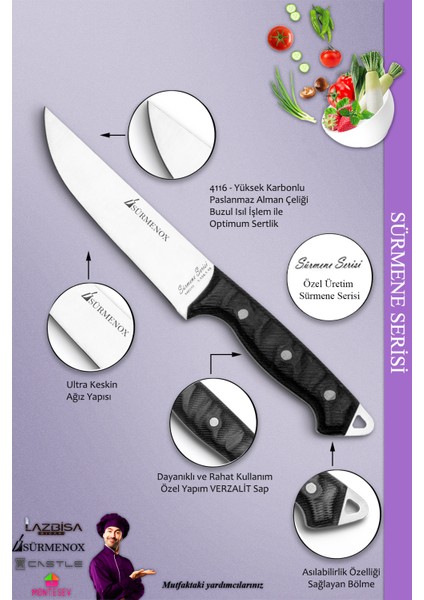 Sürmene Serisi Mutfak Bıçak Seti Et Ekmek Tavuk Sebze Salata Bıçağı 2'li Set Siyah ( MFT-010 )