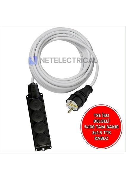 Kauçuk 4'lü Topraklı Grup Priz Uzatma Kablosu 20 Metre 3x1.5 mm² Ttr Beyaz Kablolu