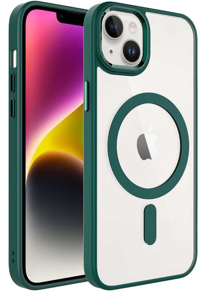 Apple iPhone 14 Plus Kılıf Wireless Şarj Özellikli Krom Magsafe Silikon Kapak-Koyu YEŞIL-868043
