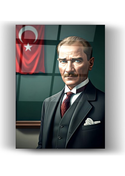 Mustafa Kemal Atatürk 3D Illüstrasyon Portre Cam Tablo- Ev ve Ofis Dekorasyonu-Hediyelik-Dekoratif-Modern-Atatürk