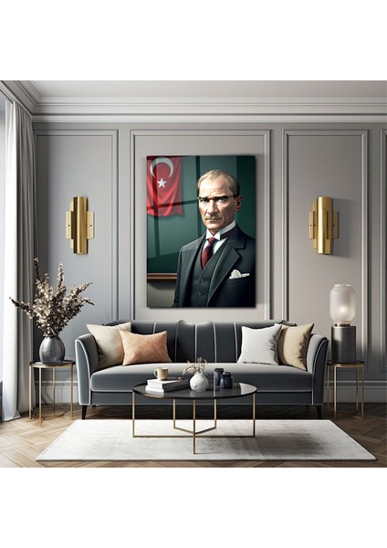 Mustafa Kemal Atatürk 3D Illüstrasyon Portre Cam Tablo- Ev ve Ofis Dekorasyonu-Hediyelik-Dekoratif-Modern-Atatürk