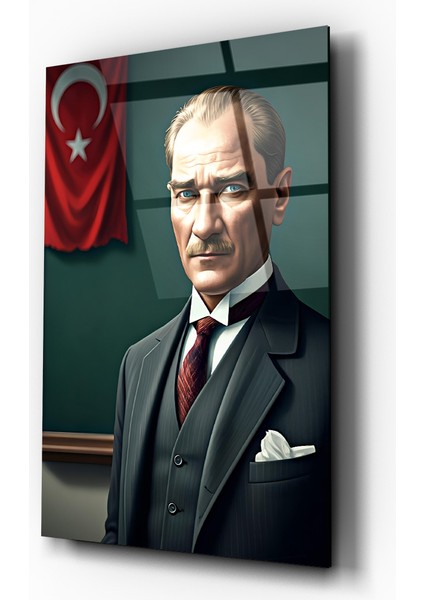 Mustafa Kemal Atatürk 3D Illüstrasyon Portre Cam Tablo- Ev ve Ofis Dekorasyonu-Hediyelik-Dekoratif-Modern-Atatürk