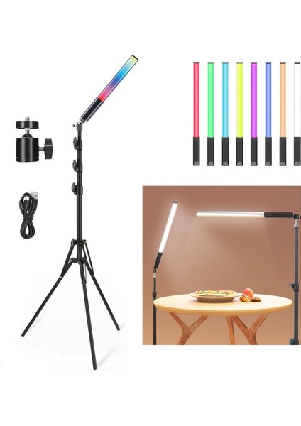 Ensiga Şarjlı Fotoğrafçılık Işık Çubuğu Rgb Aydınlatma Ledi Canlı Video Çekimi Işığı 2+1 mt Tripodlu
