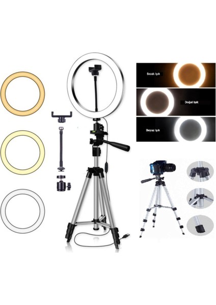 Ring Light Youtuber LED Tripod Işıklı Telefon Tutucu Makyaj Işığı 10 Inç + 1 mt Tripod
