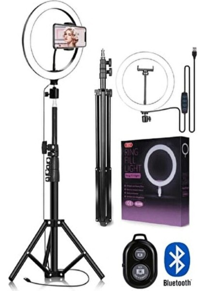 Kumandalı Youtuber Tiktok Çekim Işıklı Telefon Tutucu Makyaj Işığı Ring Light 10 Inç 2.1 M Tripod